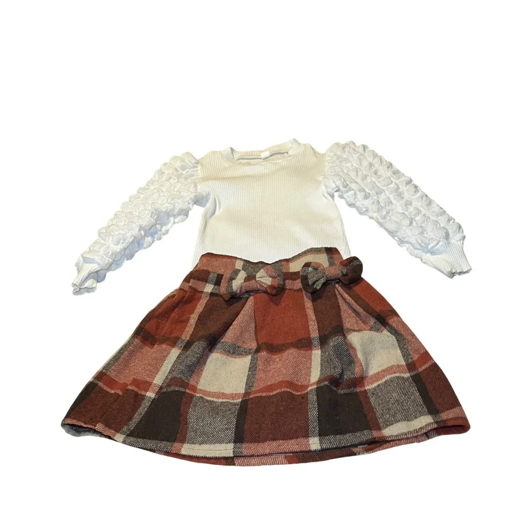 Kids Girls Size 6 White Ribbed Ruffle Sleeve Top Plaid Bow Skirt Outfit Set
